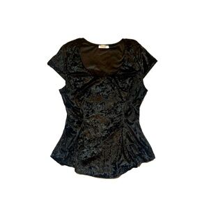 Black Velvet Velour Dressy Flared Short Sleeve Top